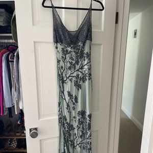 Incredible Lillie Rubin Vintage hand beaded long silk dress in sage green/grey!